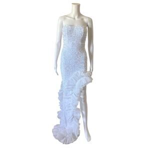 FAERIESTY Womens Size XS Strapless White Sequined Mermaid Split Thigh Prom Dress